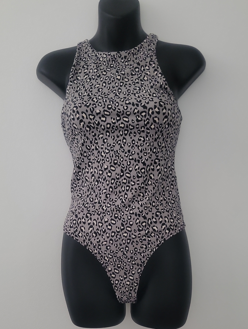 Ladies High-Neck Leopard Print One-Piece Swimsuit - Dusty Pink/Black